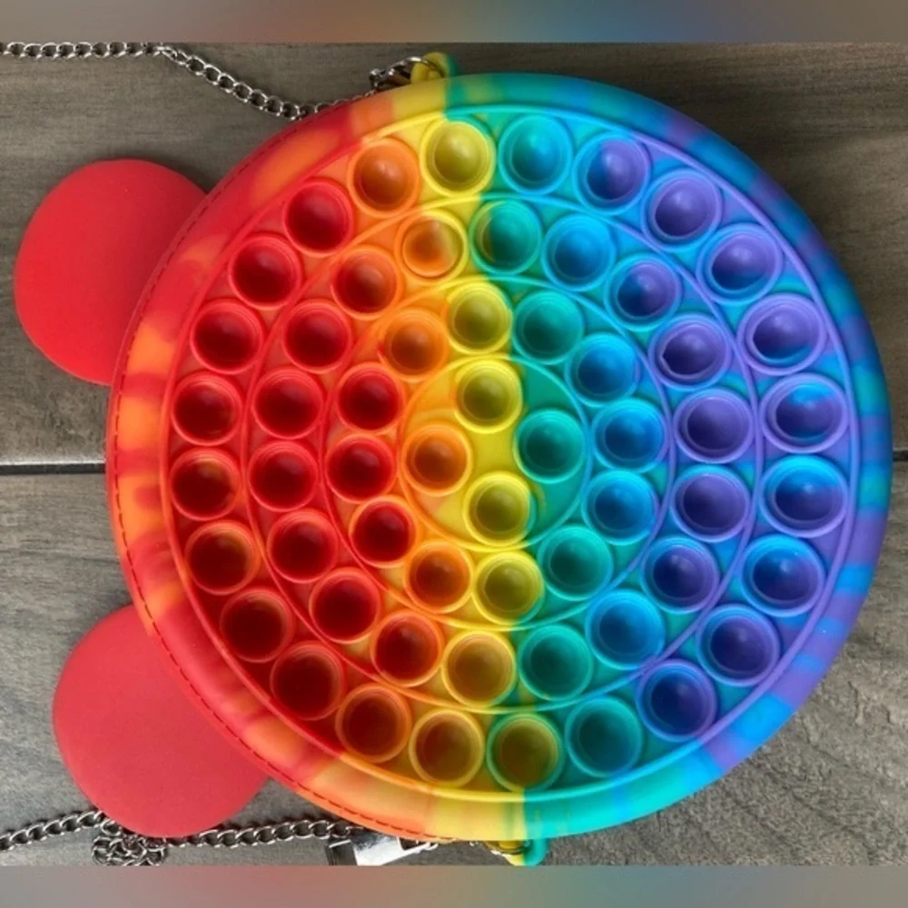 Popper fidget toy rainbow bear crossbody purse with chain attachment - Picture 4 of 7